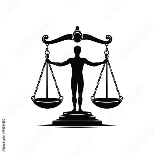 Human Figure Balancing Justice Scales | Law and Equality Symbol in Silhouette | Vector Graphic for Legal Themes