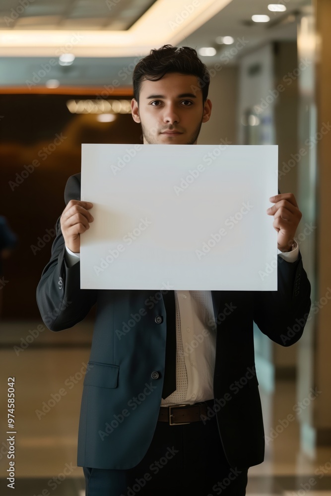 Man in business suit at airport holding blank sheet of paper, concept of transfer, greeting, meeting, welcome, travel, waiting, business, relocation. Man in business suit at airport holding blank sheet of paper, concept of transfer, greeting, meeting, welcome, travel, waiting, business, relocation.