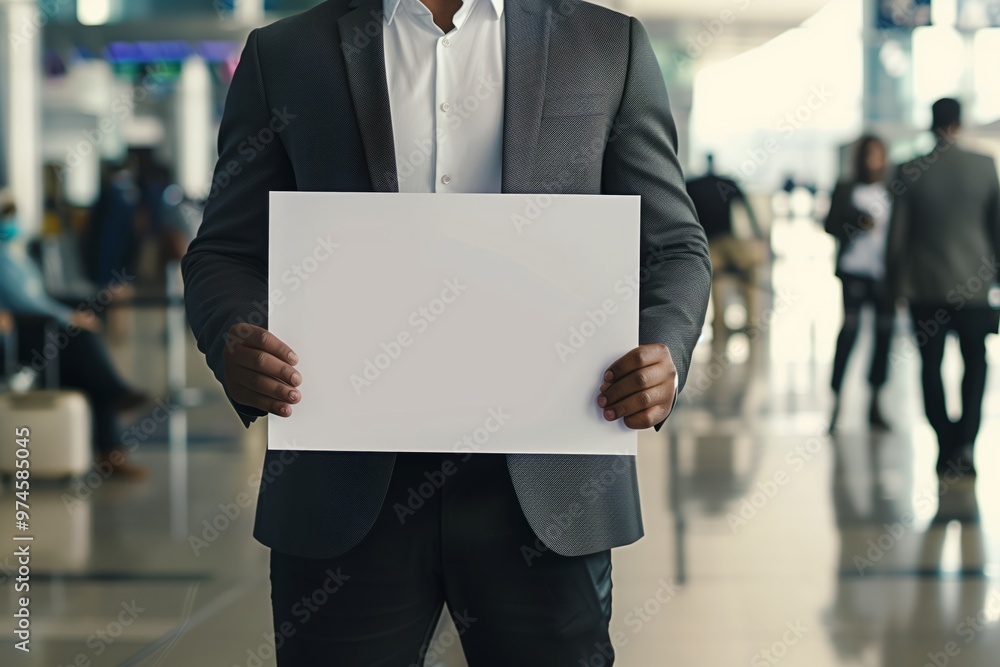Man in business suit at airport holding blank sheet of paper, concept of transfer, greeting, meeting, welcome, travel, waiting, business, relocation. Man in business suit at airport holding blank sheet of paper, concept of transfer, greeting, meeting, welcome, travel, waiting, business, relocation.
