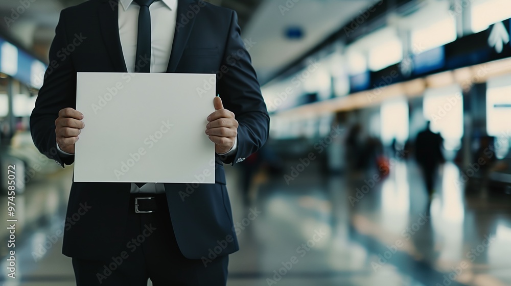Fototapeta premium Man in business suit at airport holding blank sheet of paper, concept of transfer, greeting, meeting, welcome, travel, waiting, business, relocation.
