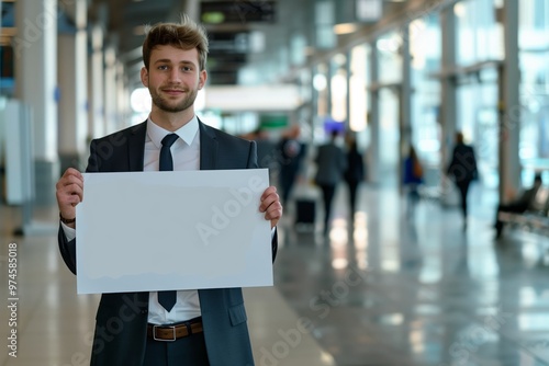 Man in business suit at airport holding blank sheet of paper, concept of transfer, greeting, meeting, welcome, travel, waiting, business, relocation.