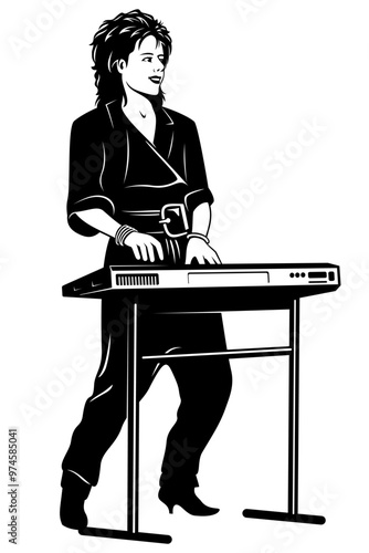 Young woman playing on a music keyboard. Vector clipart isolated on white.