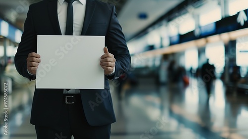 Man in business suit at airport holding blank sheet of paper, concept of transfer, greeting, meeting, welcome, travel, waiting, business, relocation.