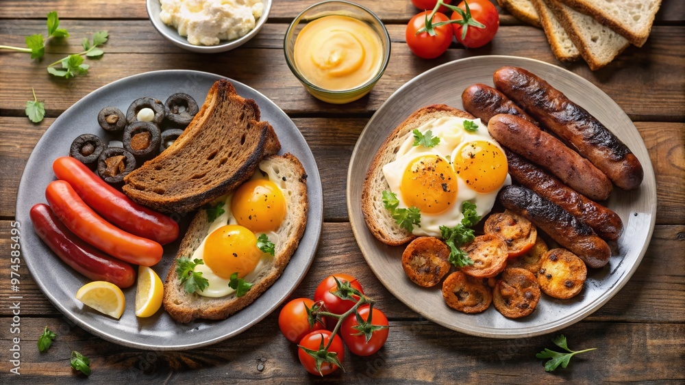 Hearty breakfast plates side-by-side, one featuring Irish soda bread, sausages, and black pudding, the other boasting bacon, eggs, grilled tomatoes, mushrooms, and toast. Hearty breakfast plates side-by-side, one featuring Irish soda bread, sausages, and black pudding, the other boasting bacon, eggs, grilled tomatoes, mushrooms, and toast.