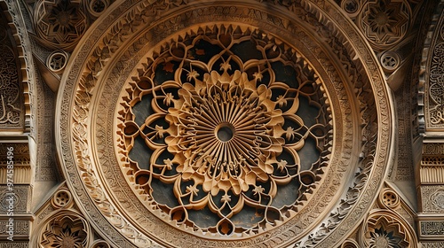 Intricate Islamic geometric patterns decorating the interior of a mosque, with repeating shapes and designs that reflect the beauty and precision of Islamic art. The scene captures the spiritual 