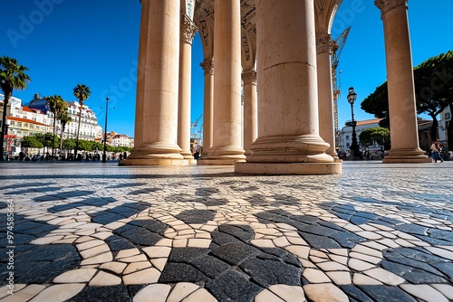 The towering columns and arches of PraÃ§a do ComÃ©rcio, welcoming visitors to the heart of Lisbon photo