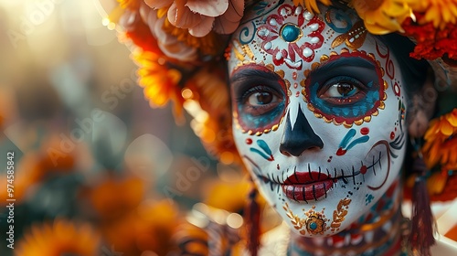 Elaborate Day of the Dead face painting with a skull motif, showcasing the artistic skill and cultural significance of this Mexican tradition. The scene captures the vibrant colors and deep 