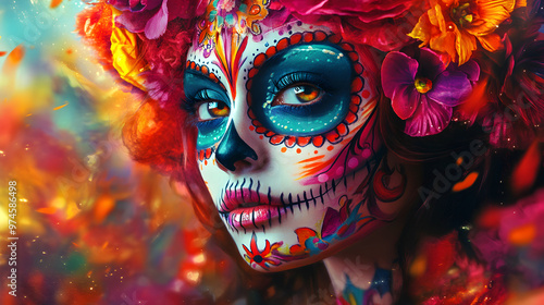 catrina en un fondo colorido y brillante hermoso fonfo cultural de colores mexicanos representando belleza y tradicion en mexico maquillaje de fantasia con creatividad para el dia de muertos