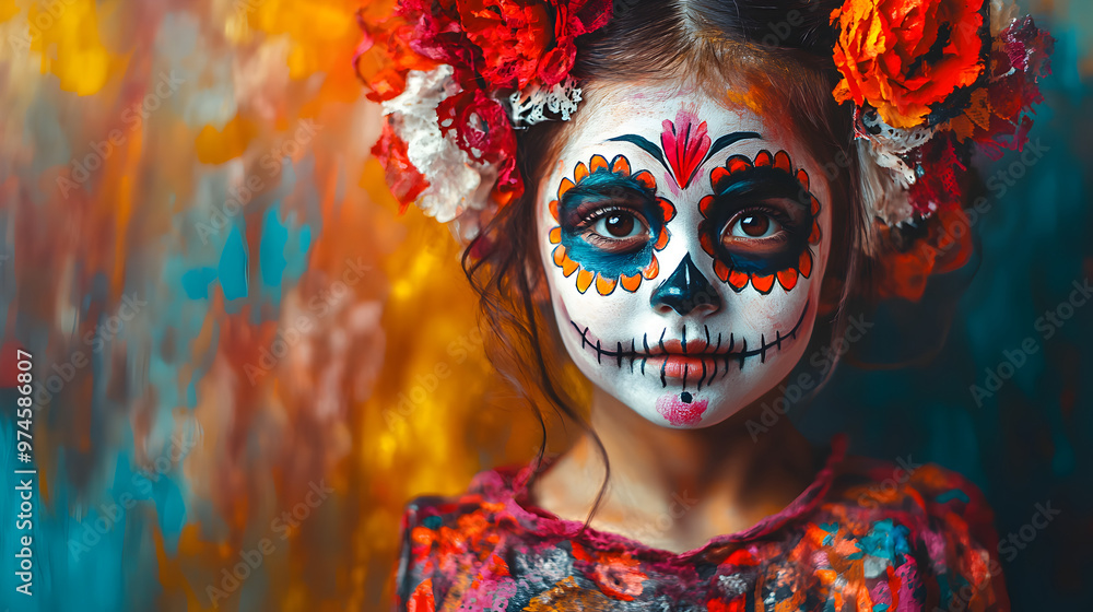 una niña pequeña con disfraz de catrina y diadema de flores coloridas con fondo colorido y espacio para copia festejo del dia de muertos una niña pequeña con disfraz de catrina y diadema de flores coloridas con fondo colorido y espacio para copia festejo del dia de muertos