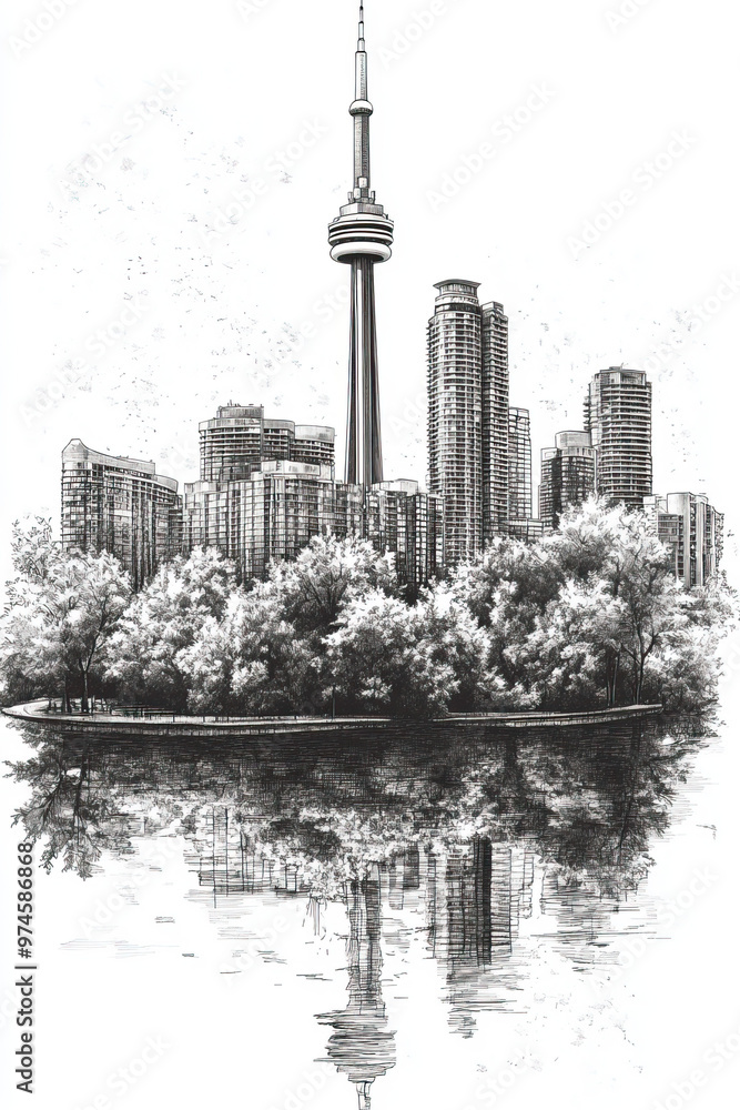 Fototapeta premium Barrie, Canada, black and white pen pencil hand-drawn effect portrait drawing illustration for travel poster, card, wallpaper, backdrop or banner. Modern, clear, artistic and simple