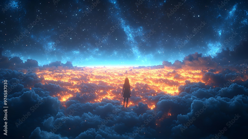 Fototapeta premium Night sky with a sea of glowing stars and smooth clouds drifting across, creating a magical, peaceful atmosphere. The 3D elements give depth to the clouds and stars, enhancing the fantasy theme