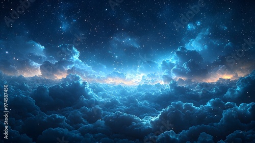 Deep night sky full of stars, with soft clouds drifting across the horizon, creating a peaceful and magical backdrop. The 3D design adds realism to the clouds and stars