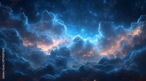 Cloud-filled night sky with bright stars shining through, creating a dreamy and magical atmosphere. The 3D realistic elements make the sky feel vast and otherworldly