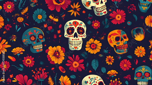 un fondo con calaveras y flores celebrando el dia de muertos en mexico tradicion y cultura mexicana fondo alegre y tradicional photo