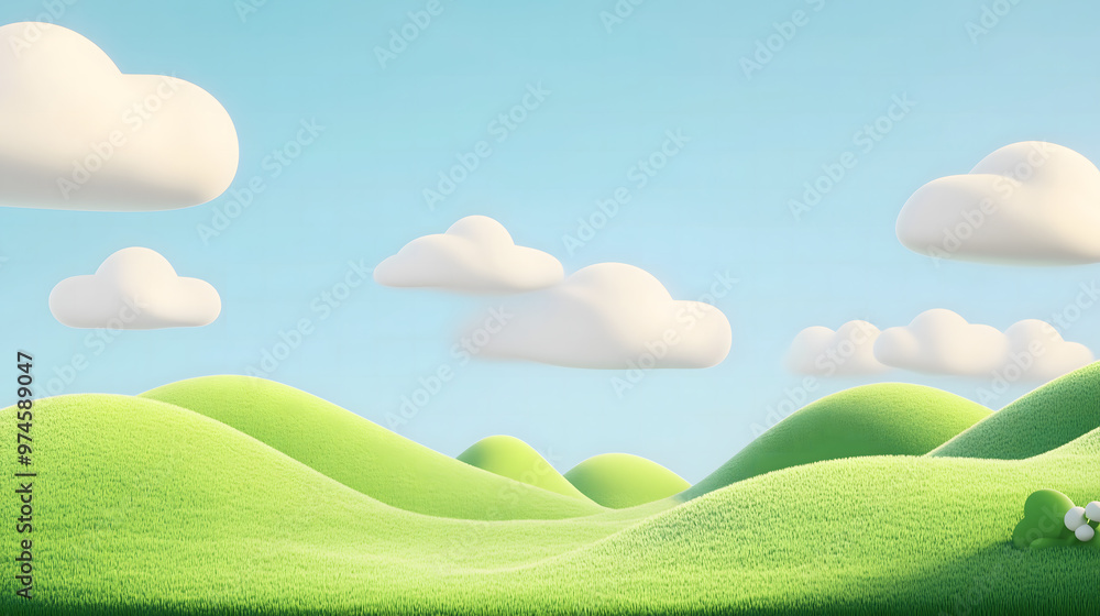 Fototapeta premium A summer countryside landscape with green grass, blue sky, and clouds