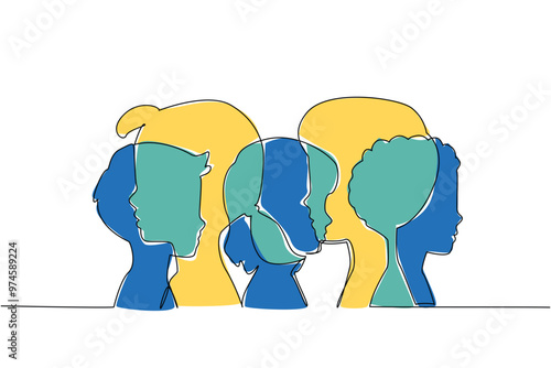 Single continuous line drawing silhouettes of children's heads overlapping each other. Awareness of down syndrome. Having equal rights. World Down Syndrome Day. One line design vector illustration