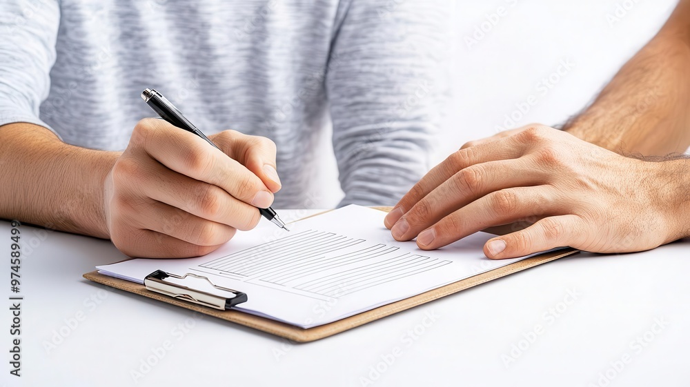 A close-up view of a person writing on a clipboard, showcasing the act of completing a form with attentive assistance. A close-up view of a person writing on a clipboard, showcasing the act of completing a form with attentive assistance.