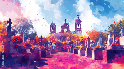 ilustracion en pintura de acuarela de un panteon en Mexico colorido y vibrante celebrando el dia de muertos en Mexico tradicion y cultura photo