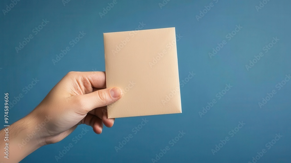 A hand holding a simple beige envelope against a blue background, ideal for concepts of communication and mailing. A hand holding a simple beige envelope against a blue background, ideal for concepts of communication and mailing.