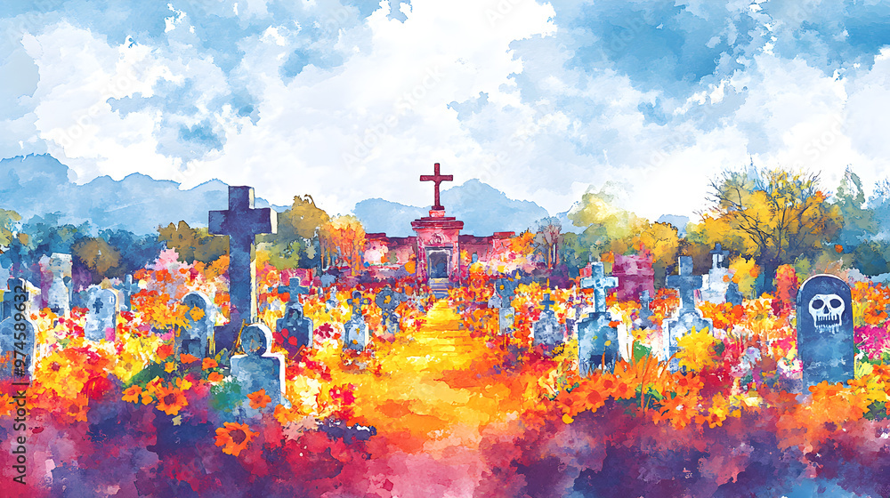Un Dibujo En Efecto Acuarela De Un Panteon Mexicano Colorido Y Vivo Un Dibujo En Efecto Acuarela De Un Panteon Mexicano Colorido Y Vivo