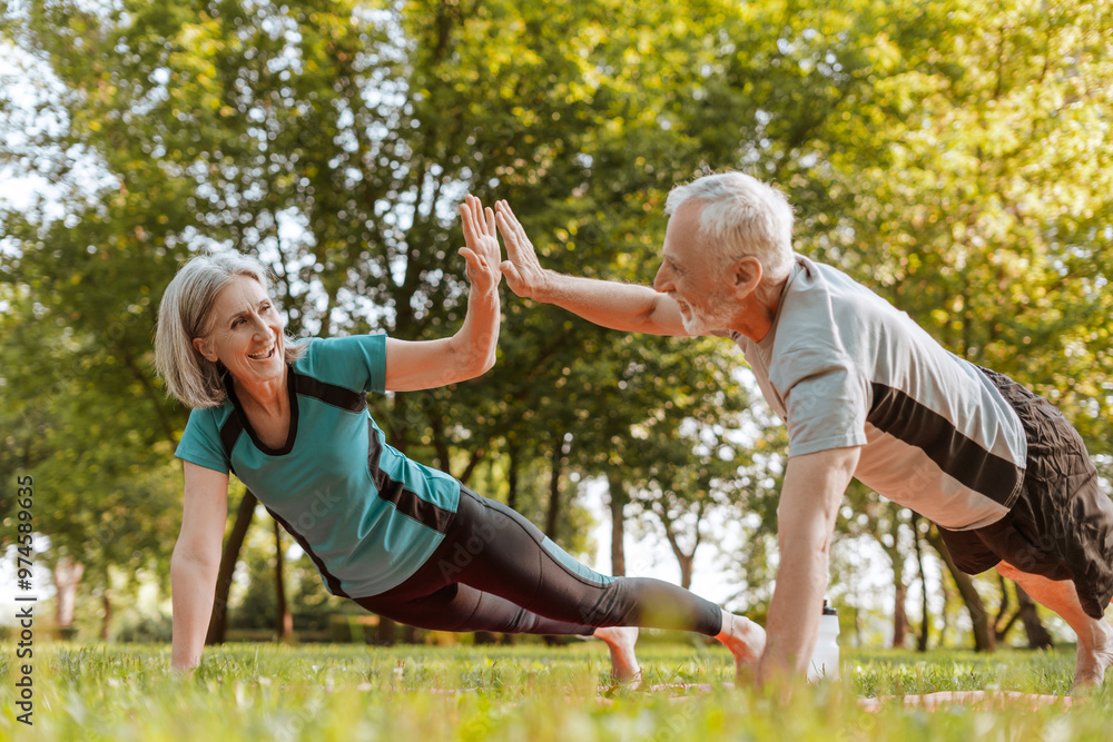 Fototapeta premium Senior couple doing plank exercise and giving high five on yoga mats outdoors