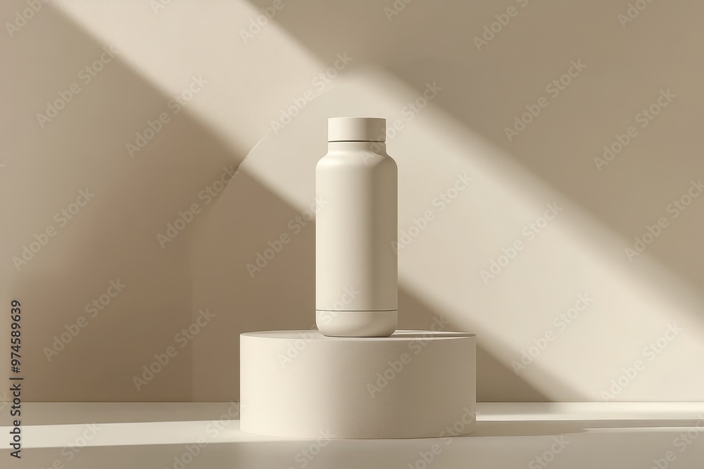 A minimalist white bottle displayed on a pedestal with soft shadows in a neutral setting. A minimalist white bottle displayed on a pedestal with soft shadows in a neutral setting.