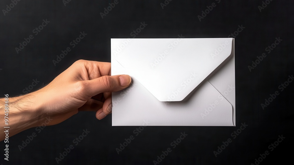 Fototapeta premium A hand holding a simple white envelope against a dark background, perfect for conveying messages, invitations, or communication.