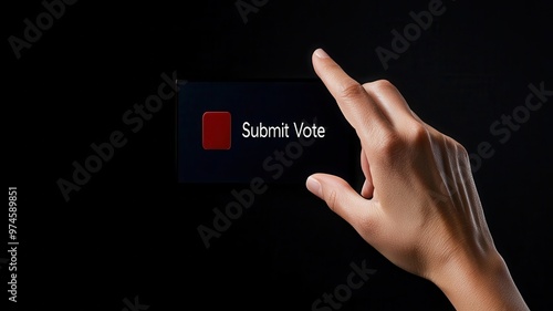 A hand poised to click a button labeled 'Submit Vote', symbolizing participation in an online poll or survey. photo