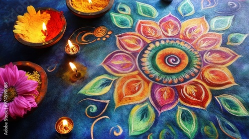 Vibrant Watercolor Rangoli: Intricate Powder Design with Flowers and Diyas photo