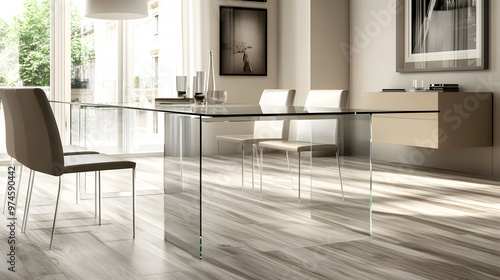 glass table with a transparent border, creating a light, airy feel in the room while maintaining a clean