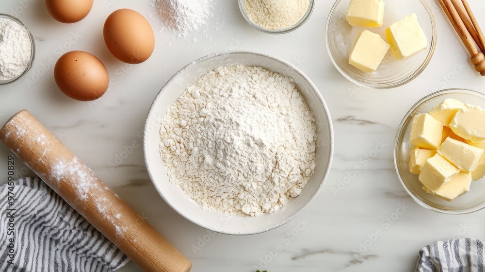 A flat lay of ingredients for baking, including flour, eggs, sugar, and butter, with a mixing bowl and rolling pin, set on a clean kitchen countertop. A flat lay of ingredients for baking, including flour, eggs, sugar, and butter, with a mixing bowl and rolling pin, set on a clean kitchen countertop.