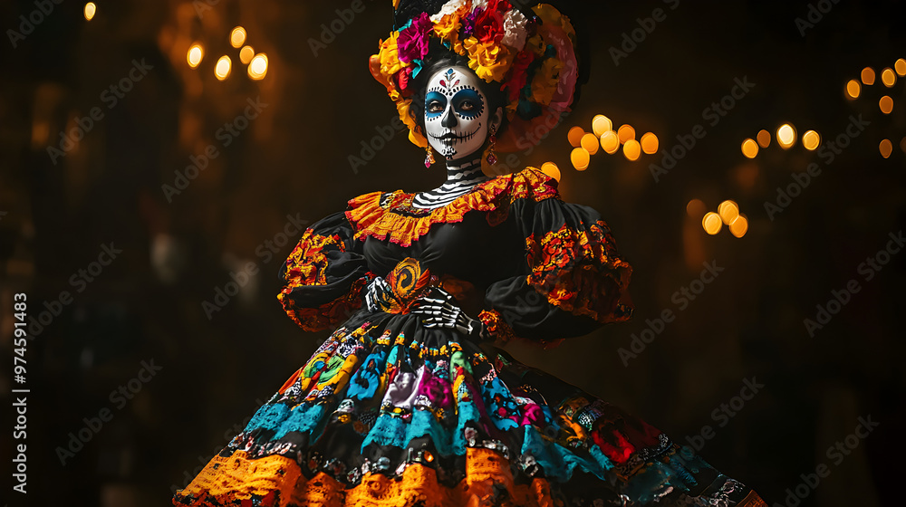 Fototapeta premium mujer catrina con un vestido colorido y elegante mexicano sobre un fondo de noche resaltando la belleza de la catrina celebrando el dia de muertos en mexico tradicion y cultura