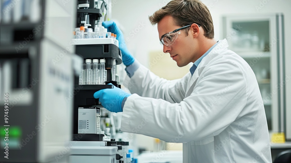 Scientist injecting samples into a gas chromatograph, preparing for a detailed chemical analysis in a state-of-the-art lab. Scientist injecting samples into a gas chromatograph, preparing for a detailed chemical analysis in a state-of-the-art lab.