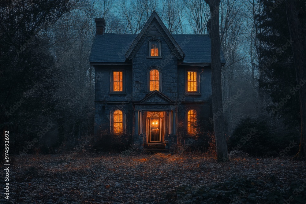 Dark eerie mansion with glowing windows at night Dark eerie mansion with glowing windows at night