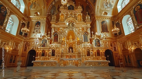 An ornate iconostasis in an Eastern Orthodox church, with intricate icons and gold details that symbolize the spiritual connection between the congregation and the divine. The scene captures 