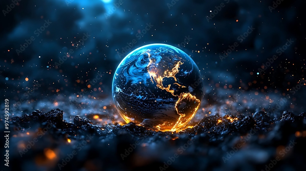 A burning Earth globe crackles with sparks and smoke, symbolizing environmental danger and urgency. A burning Earth globe crackles with sparks and smoke, symbolizing environmental danger and urgency.
