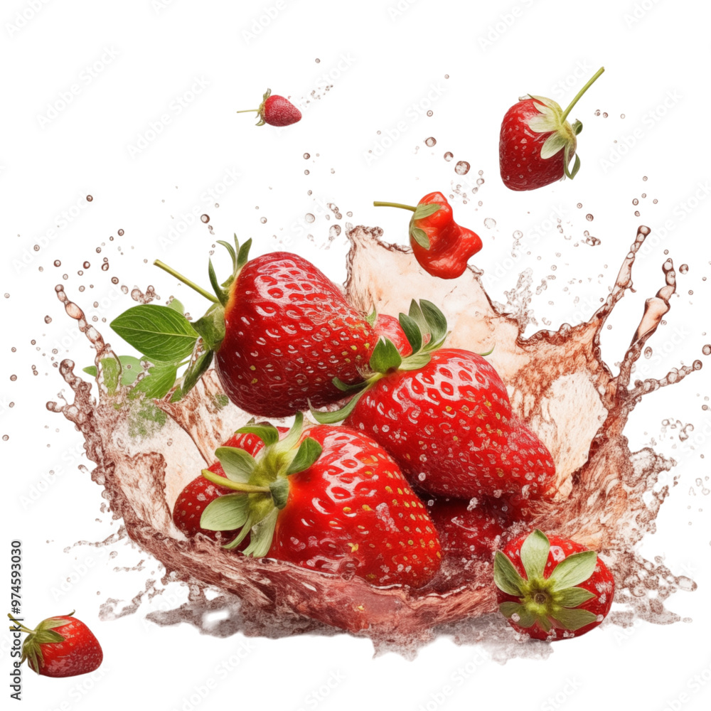 Exploding Strawberry Particals Exploding strawberries with green leaves on a transparent background ...