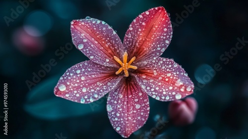 A flower with dew drops on its petals against a dark background, with the droplets reflecting light and adding a sense of depth and richness to the image.