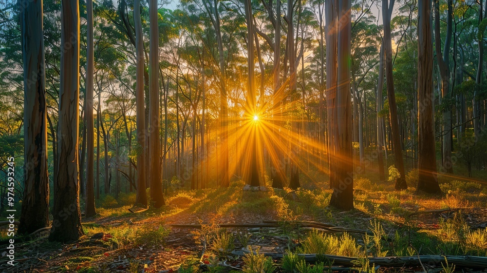 Sunbeams Shining Through Dense Forest Trees at Sunrise Sunbeams Shining Through Dense Forest Trees at Sunrise