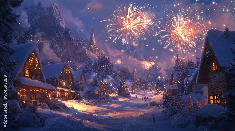 Fototapeta premium Magical Winter Wonderland with Fireworks Display