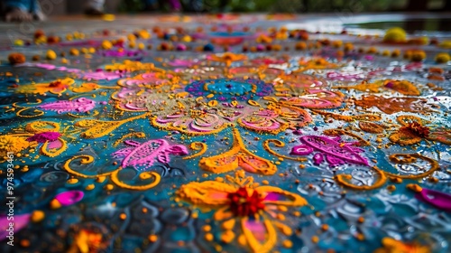 An intricate rangoli design created for Diwali, with vibrant colored powders forming elaborate patterns on the ground. The scene captures the artistic and cultural importance of this traditional 
