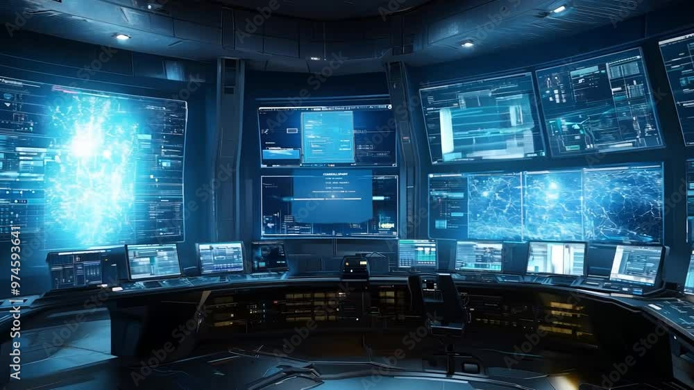 A futuristic control room featuring advanced technology and multiple interfaces A futuristic control room featuring advanced technology and multiple interfaces