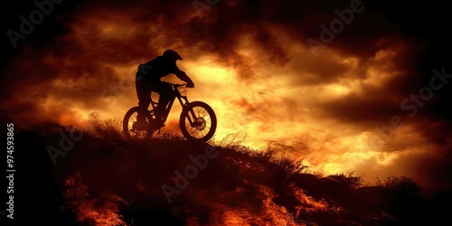 Wallpaper Mural Biker navigating a fiery landscape during a sunset ride in the mountains Torontodigital.ca