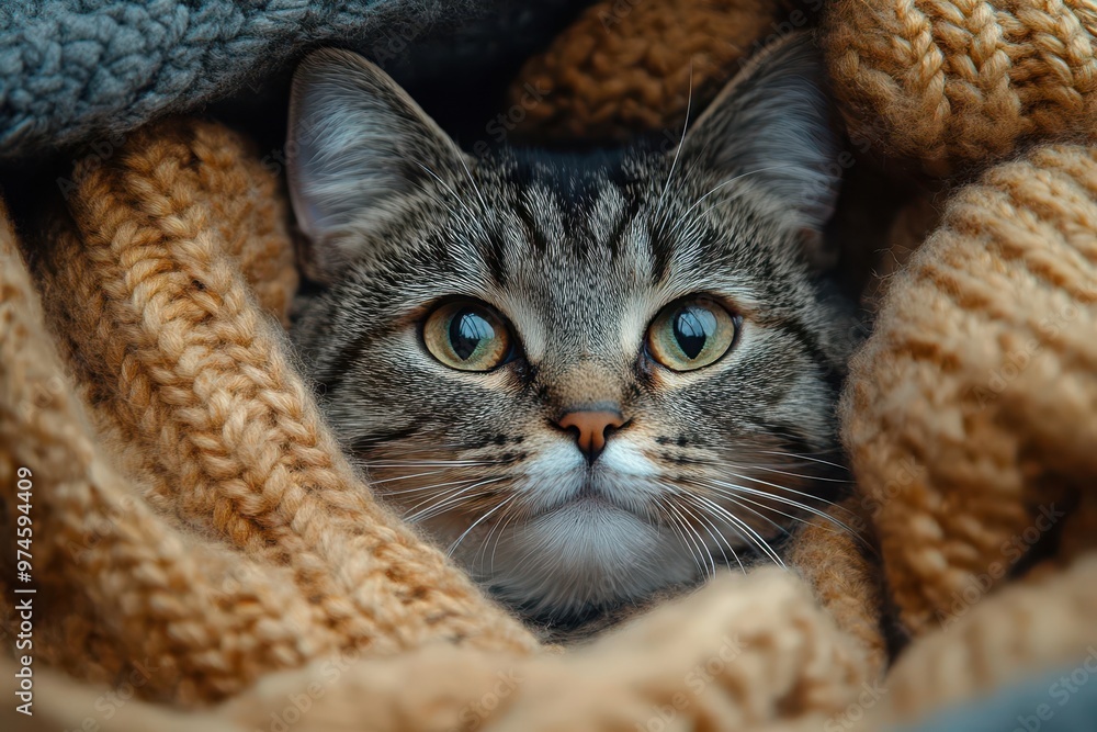 Naklejka premium endearing portrait of a sick cat nestled in a cozy blanket with expressive eyes and a slightly droopy whiskers soft warm lighting enhances the vulnerable and comforting mood