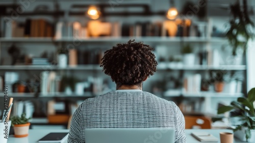 A person with curly hair and blurred face seen from behind, intensely engaged with a computer in a modern home office setting adorned with bookshelves and green plants. photo