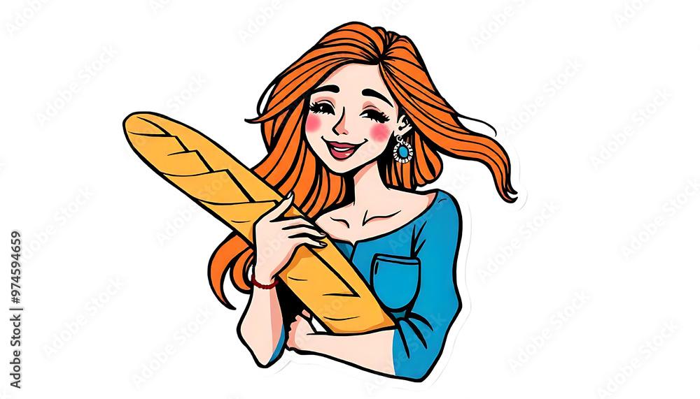 A whimsical illustration of a woman with a cheerful expression, embracing a fresh baguette, set against a transparent background, capturing the essence of Parisian lifestyle A whimsical illustration of a woman with a cheerful expression, embracing a fresh baguette, set against a transparent background, capturing the essence of Parisian lifestyle