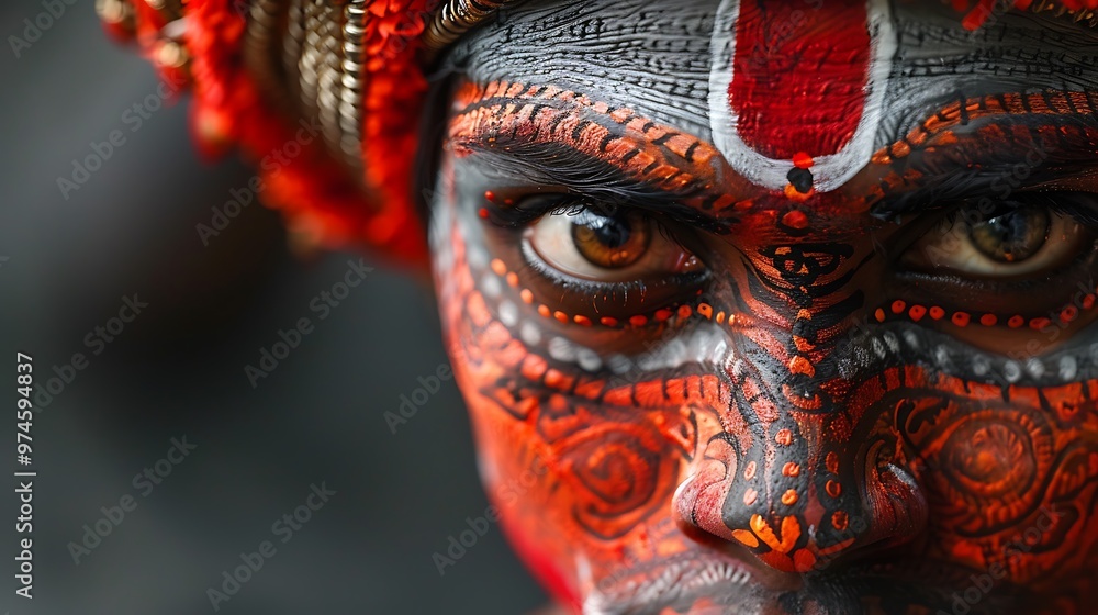 An elaborate Theyyam ritual performance in Kerala, India, with performers in striking makeup and costumes enacting divine roles. The scene captures the intensity and spiritual significance of An elaborate Theyyam ritual performance in Kerala, India, with performers in striking makeup and costumes enacting divine roles. The scene captures the intensity and spiritual significance of