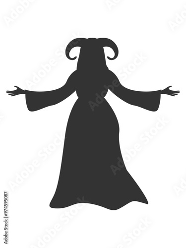 Silhouette of a witch with horns in a dress for Halloween decoration. Witch's coven