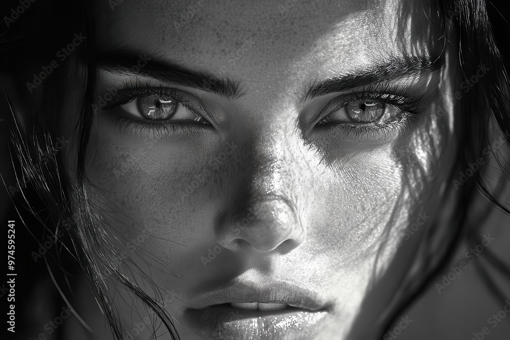 Fototapeta premium enigmatic portrait with half the face obscured by shadow dramatic chiaroscuro lighting emphasizes facial features and creates an air of mystery intense gaze captures viewers attention