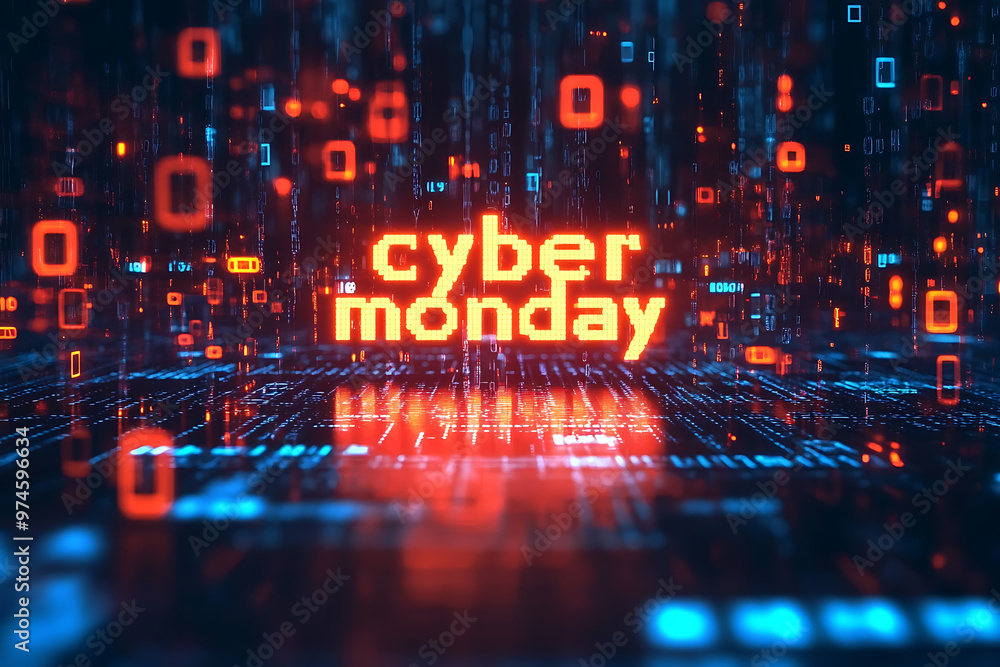 Abstract tech dark background with glowing binary code and neon accents, featuring bold Abstract tech dark background with glowing binary code and neon accents, featuring bold